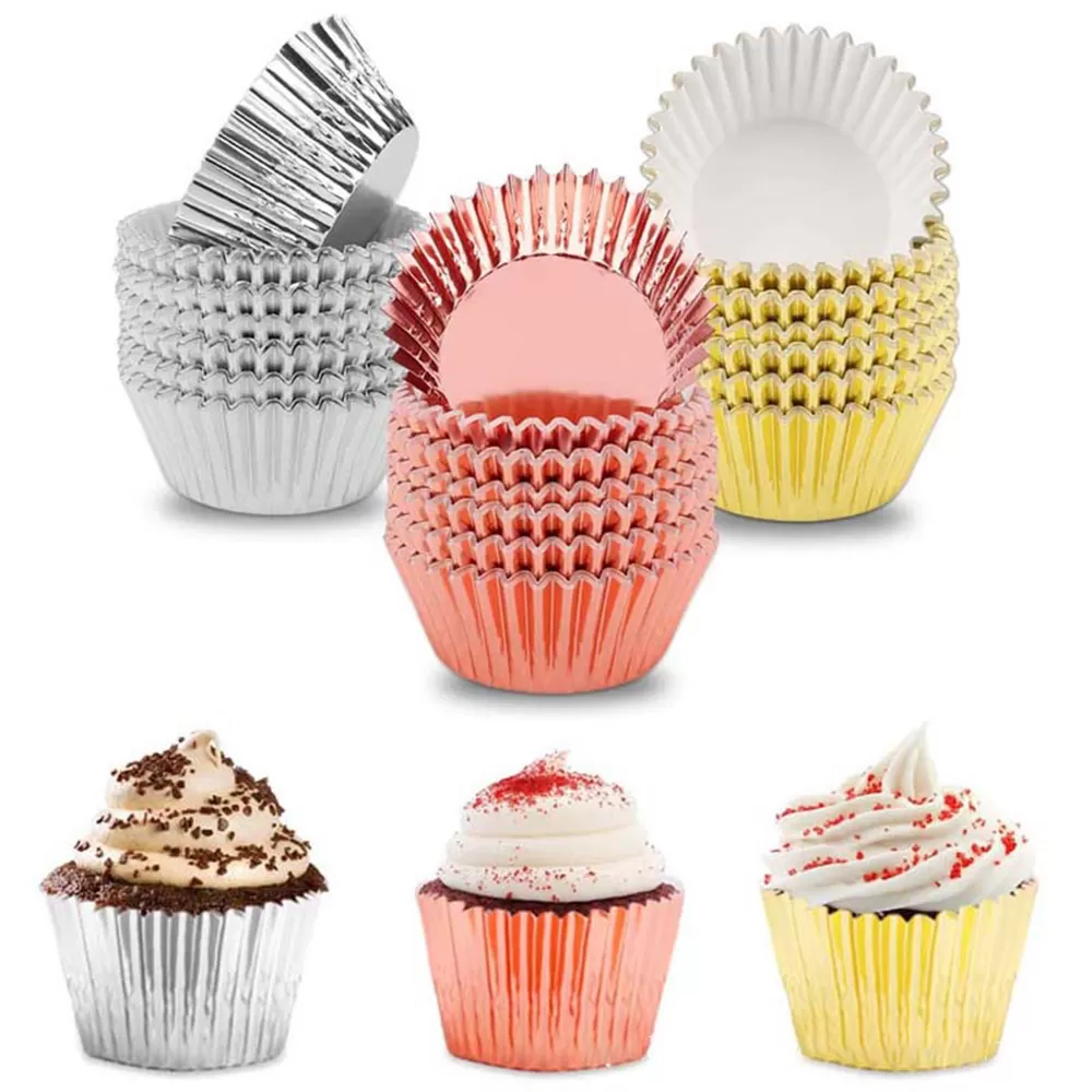 Foil Cupcake Liners Metallic Muffin Paper Cases Baking Cups Sliver Pack of  100,Aluminum Thickened Foil Cups Cupcake Liners Mini Cake Muffin Molds