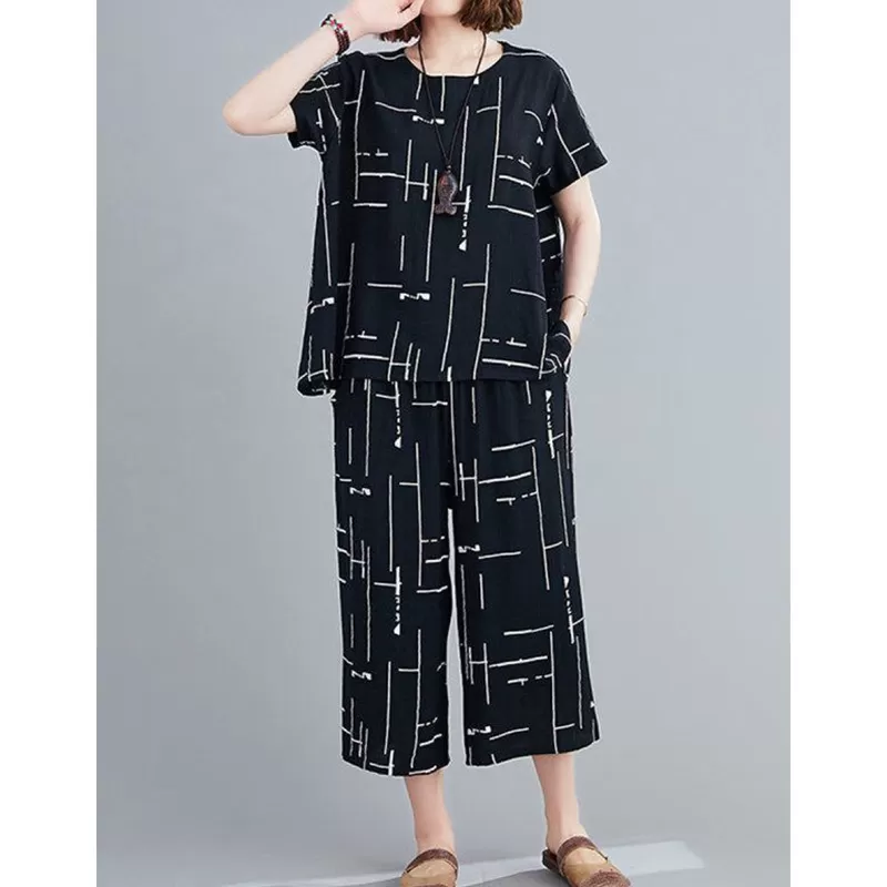 2 Pieces Black Loose Elegant Women's Summer Cotton Linen Capri Plazo Suits Short Sleeve