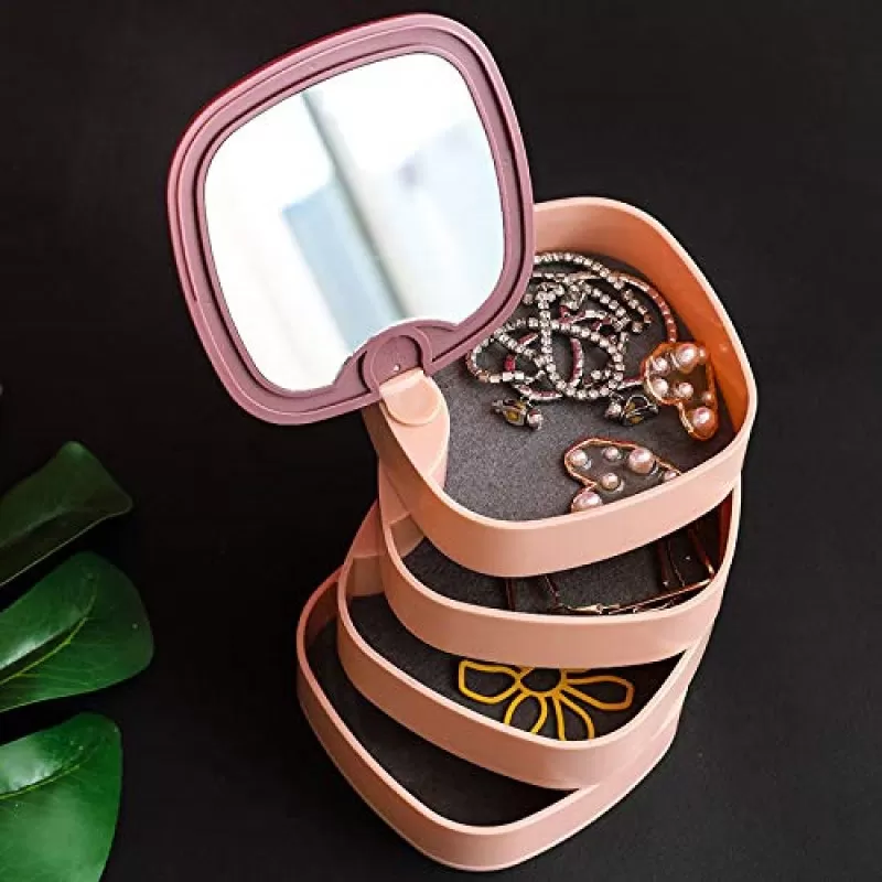 360 Rotating Jewelry Storage Box 4 Layers Portable Travel Jewellery Holder Jewelry Organizer Necklaces Bracelets Rings Earrings Holder with Mirror