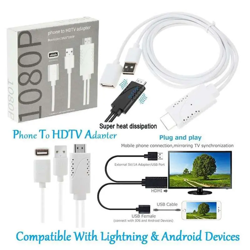 Phone To HDTV Adapter For Iphones Ipad And Andriod Devices 1080P