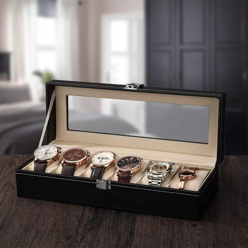 6 Slot Luxury Premium Watch Box Organizer Display Cases with Framed Glass Case