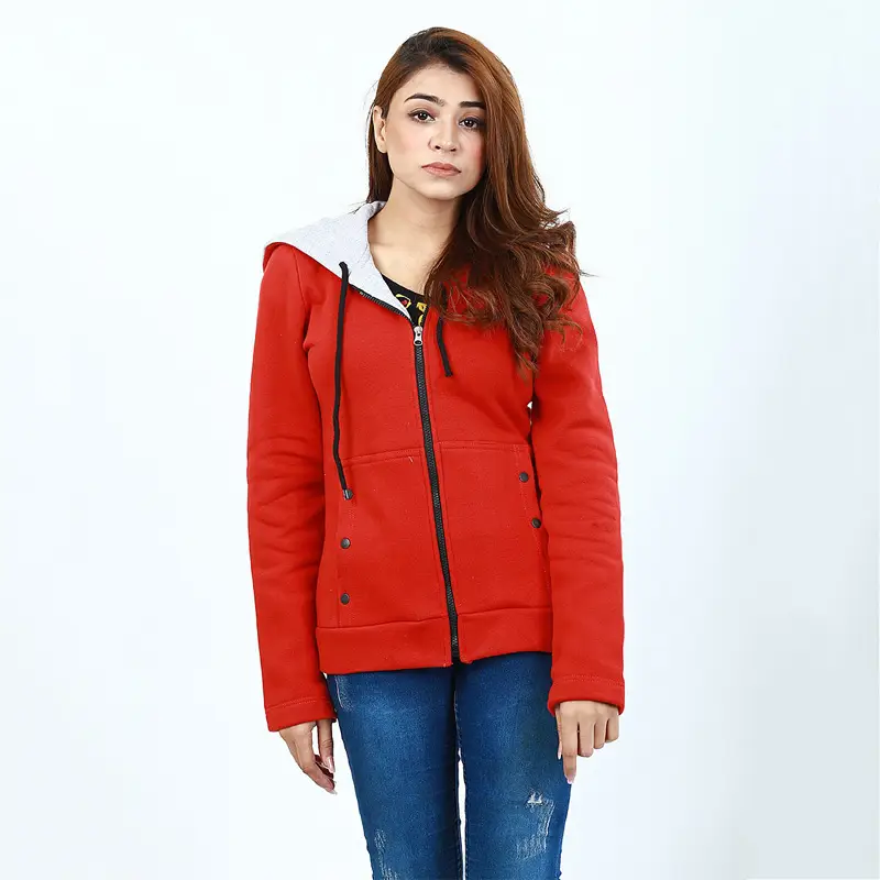 Red Pocket Button Style Zipper Hoodie For Women (ABZ-011)