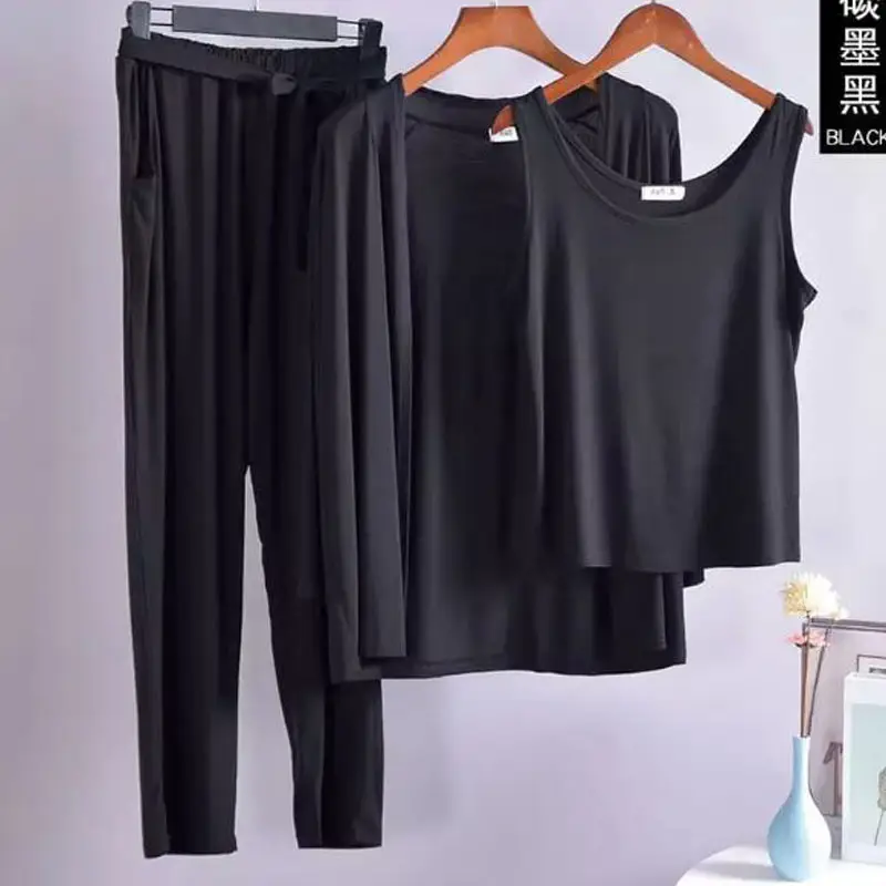 3Pcs Pajama Suit Women Modal Long-sleeved Vest For Leisure Home Wear Female Sleepwear (Black)