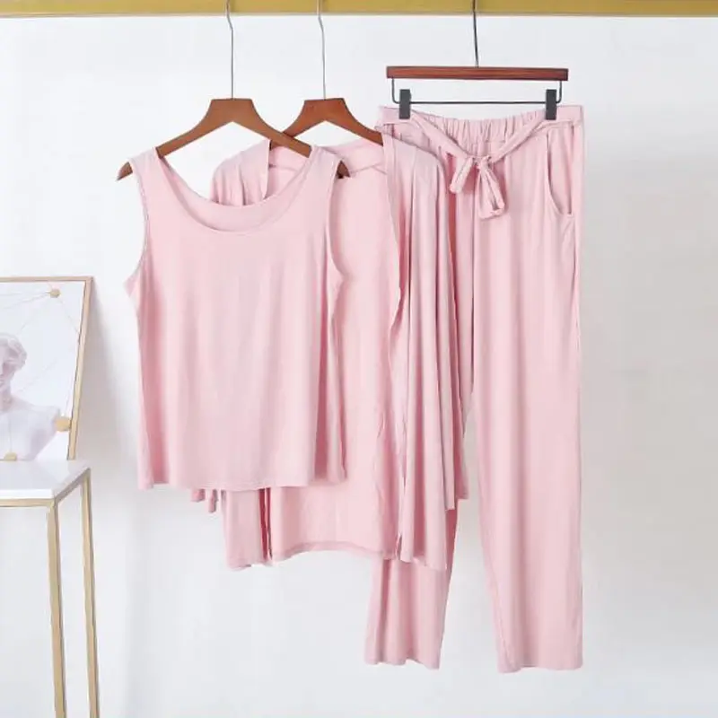 3Pcs Pajama Suit Women Modal Long-sleeved Vest For Leisure Home Wear Female Sleepwear (Baby Pink)