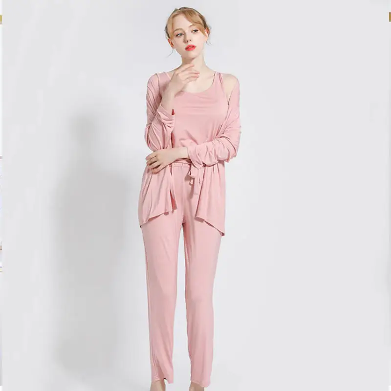 3Pcs Pajama Suit Women Modal Long-sleeved Vest For Leisure Home Wear Female Sleepwear (Baby Pink)
