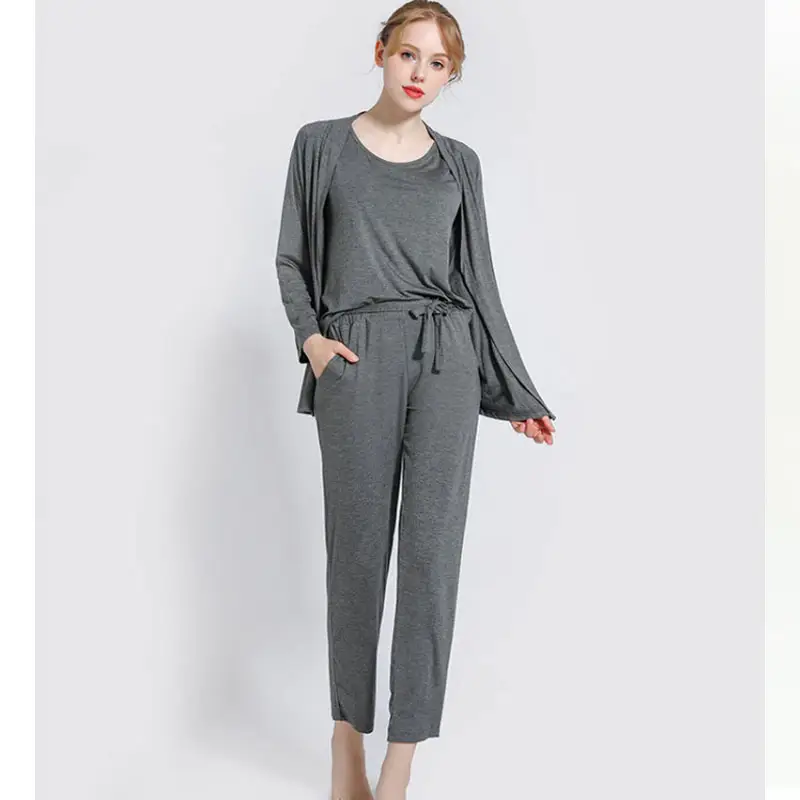 3Pcs Pajama Suit Women Modal Long-sleeved Vest For Leisure Home Wear Female Sleepwear (Grey)