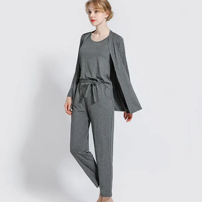 3Pcs Pajama Suit Women Modal Long-sleeved Vest For Leisure Home Wear Female Sleepwear (Grey)