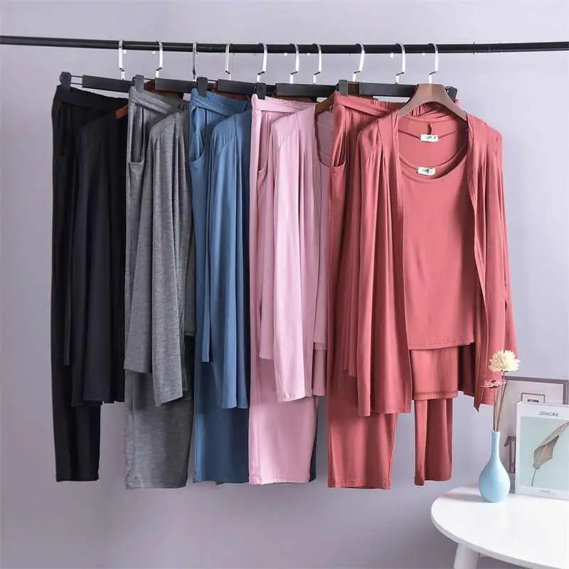 3Pcs Pajama Suit Women Modal Long-sleeved Vest For Leisure Home Wear Female Sleepwear (Hot Pink)