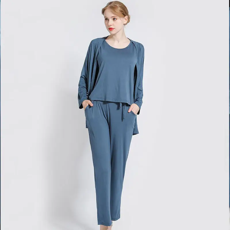 3Pcs Pajama Suit Women Modal Long-sleeved Vest For Leisure Home Wear Female Sleepwear (Royal Blue)