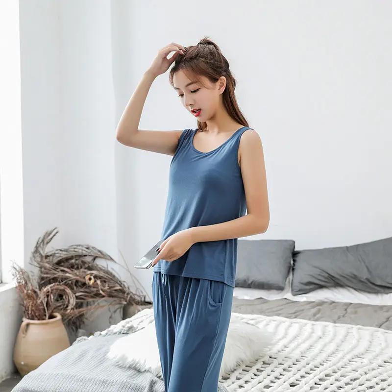 3Pcs Pajama Suit Women Modal Long-sleeved Vest For Leisure Home Wear Female Sleepwear (Royal Blue)