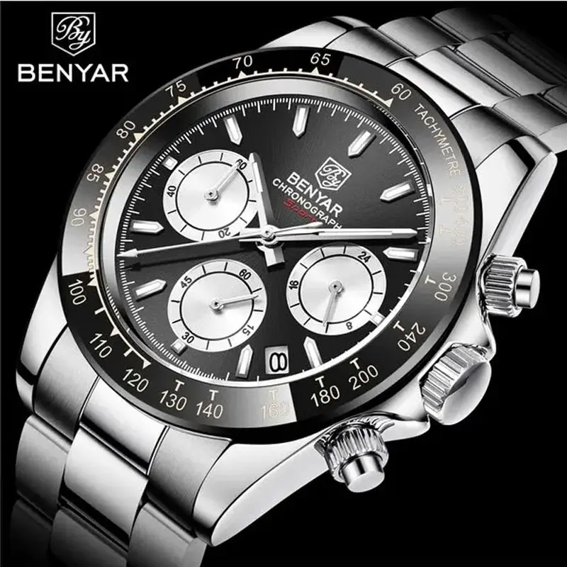 BENYAR Exclusive Black Dial Silver Chronograph Wristwatch For Men Wrist Watch (BY-1177)