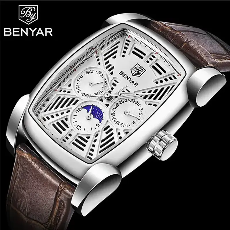 BENYAR Square Edition Silver Dial Brown Strap Wrist Watch (BY-1124)