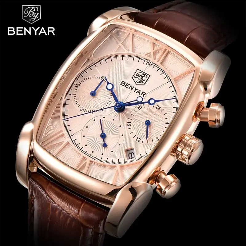 BENYAR Square Edition Golden Dial Brown Strap Wrist Watch (BY-1017)