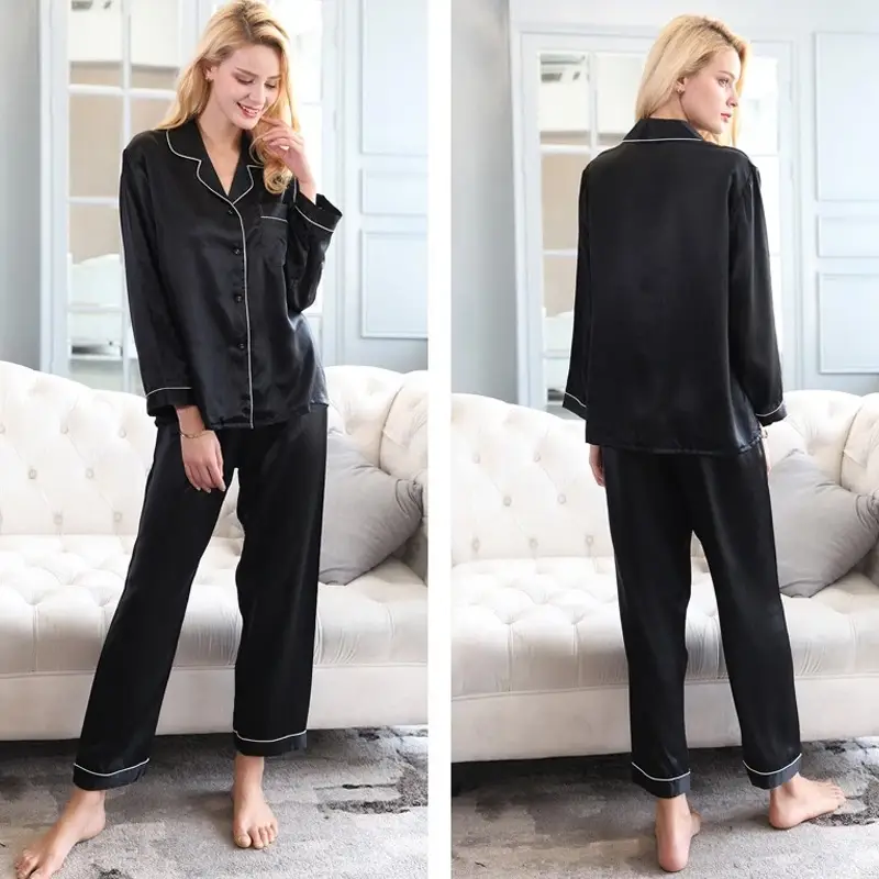 Women Pajama Sets Pure Silk Turn-Down Collar Sleepwear Lady Long Sleeve Spring Nightwear (Classic Black)