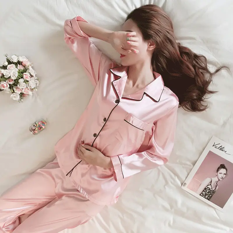 Women Pajama Sets Pure Silk Turn-Down Collar Sleepwear Lady Long Sleeve Spring Nightwear (Blush Pink)