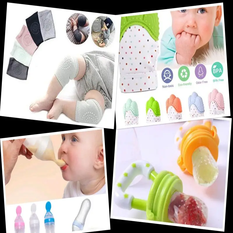 Combo # 1 - Pack Of 4 (2 Piece Baby Teether, 3 Pairs Baby Knee Pad, 1 Fruit Pacifier, 1 Baby Spoon)