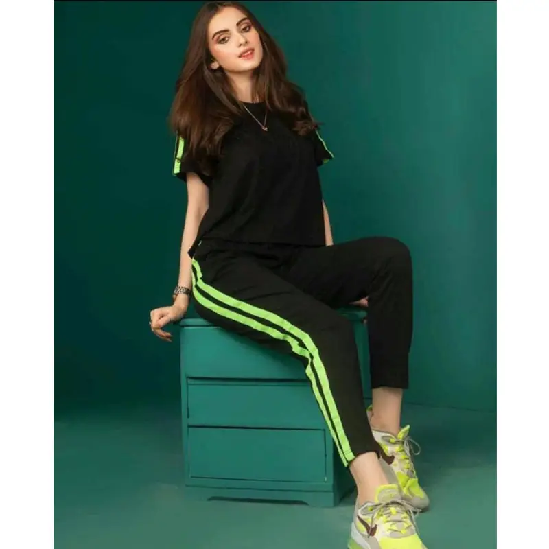 Plain Black with Green Stripes Half Sleeves Track Suit for Women