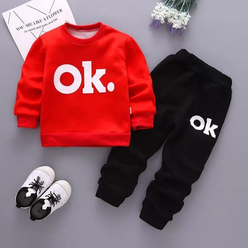 Spring Fall Stylish Casual Red and Black OK Tracksuits For Kids