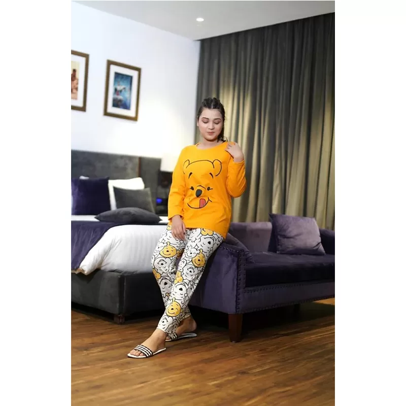 Printed Cotton Ladies Sleep Dress Night Wear With Shirt And Trouser Yellow Bear Full Sleeves (Design-144)