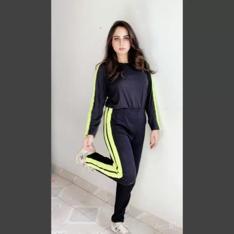 Plain Black with Green Stripes Full Sleeves Track Suit for Women
