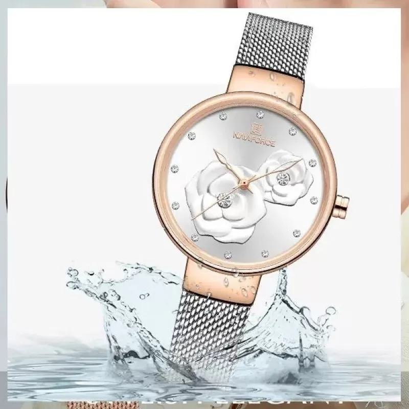 NAVIFORCE Flower Textured Edition Light Grey Dial & Mesh Bracelet Wrist Watch (nf-5013-5)
