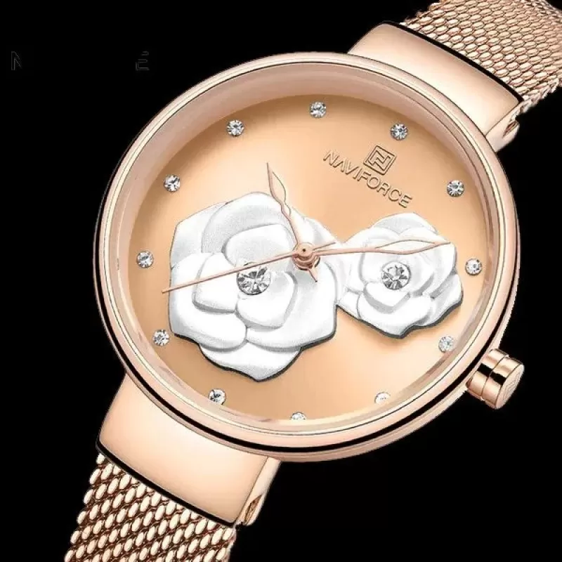 NAVIFORCE Flower Textured Edition Champagne Pink Dial & Mesh Bracelet Wrist Watch (nf-5013-4)