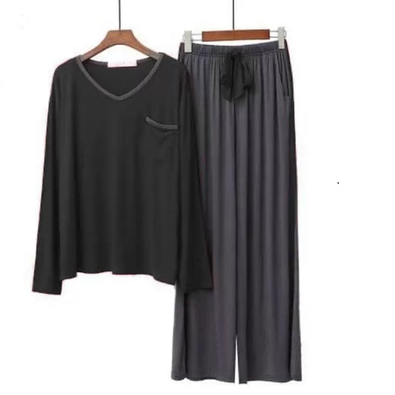 V-Neck Loose Cotton Multi Color Pajama Set Women Sleepwear (Black)