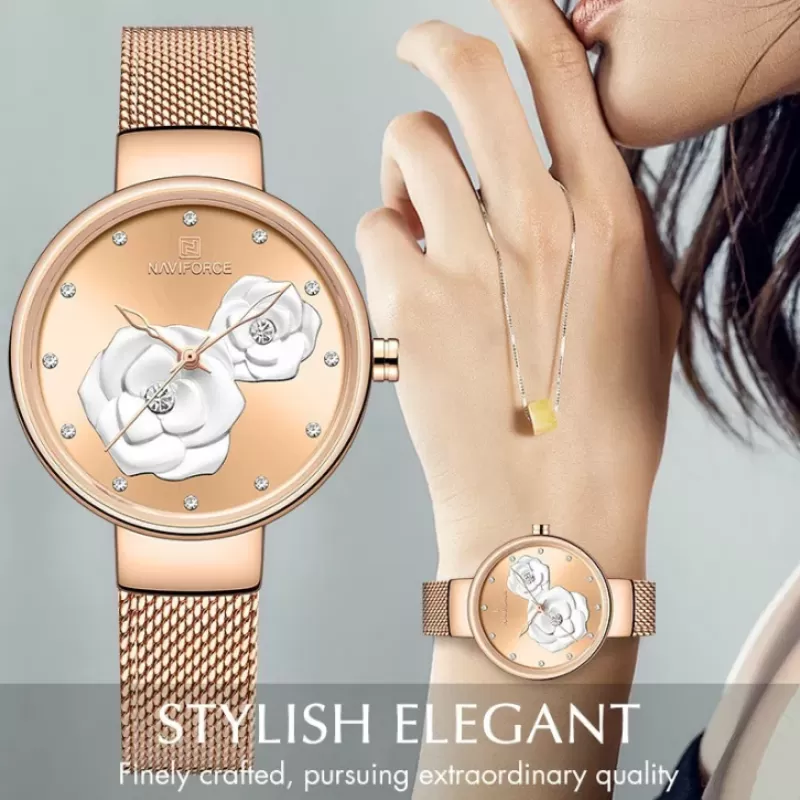 NAVIFORCE Flower Textured Edition Champagne Pink Dial & Mesh Bracelet Wrist Watch (nf-5013-4)