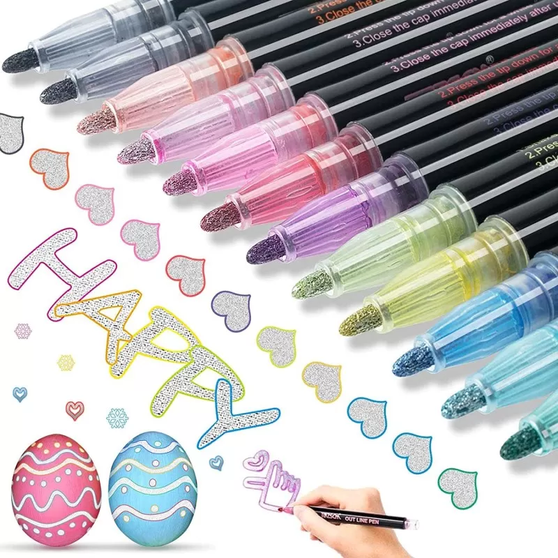 8pcs Highlighter Pen Outline Marker for Drawing & Doodling DIY Double Line Assorted Color
