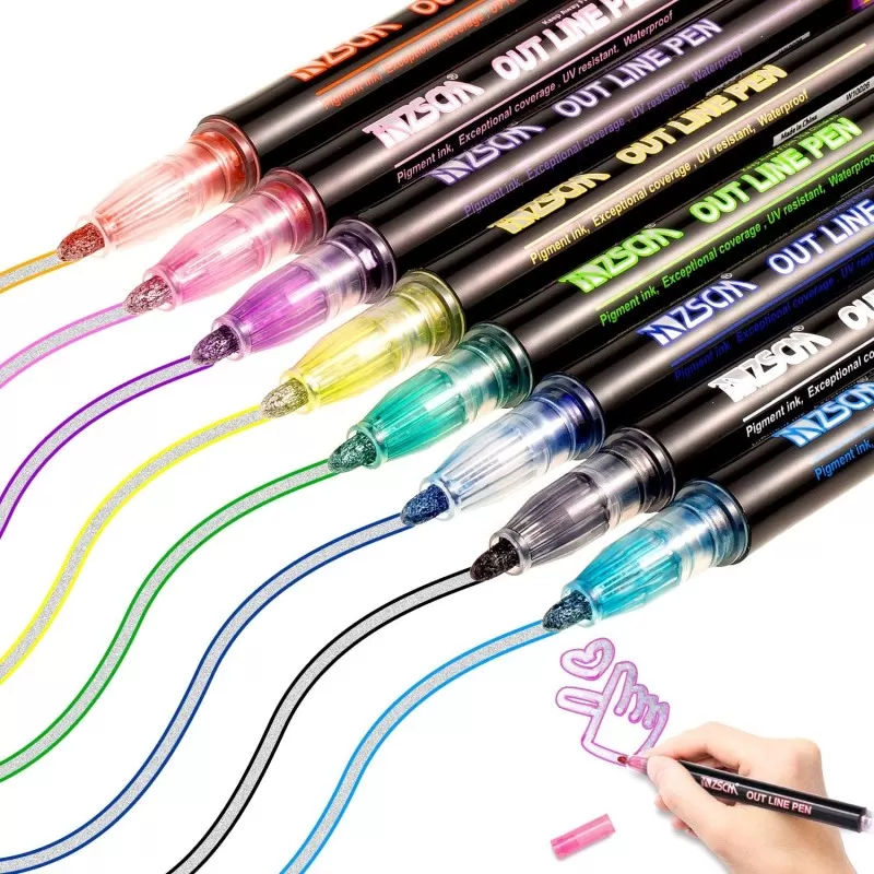 8pcs Highlighter Pen Outline Marker for Drawing & Doodling DIY Double Line Assorted Color