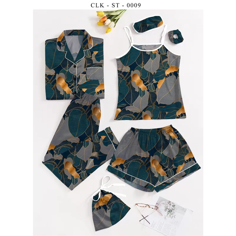 7pcs Floral Print Satin Pajama Set (Design-27)
