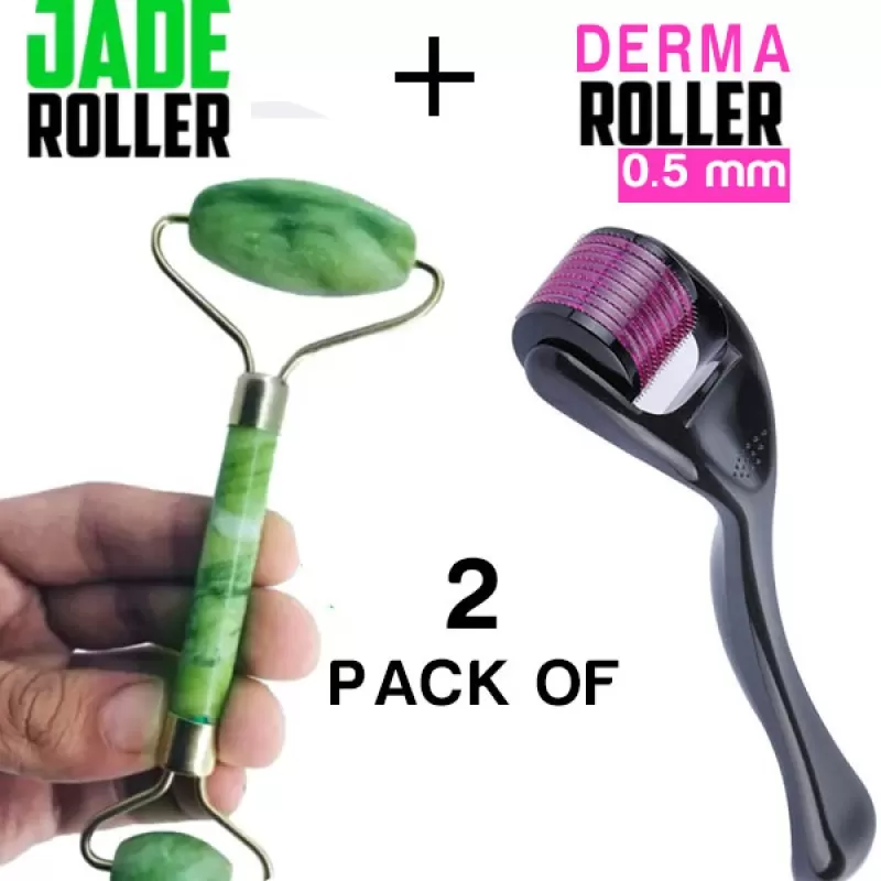 Combo pack of 2 Derma Roller Skin Therapy 0.5 with 540 Micro and Jade Roller Anti-Aging Natural Stone Jade Roller with Noiseless Double Heads for Face