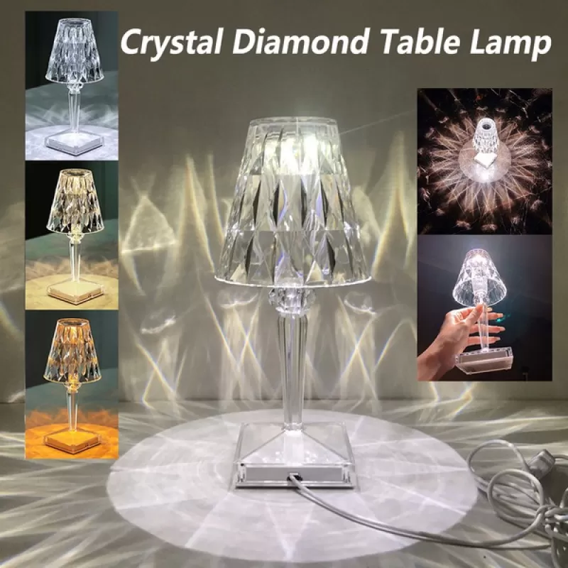 Diamond Table Lamp Acrylic Rechargeable LED Decor Desk Bedroom Bedside Bar Crystal Lighting