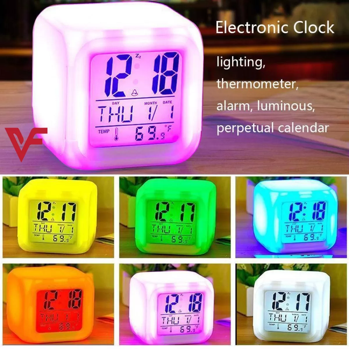 Digital Table Clock 7 Color Changing Led Lights Big Size Digital Screen Temperature & Calendar Battery Operated Glowing Led Table Alarm Clock Dice