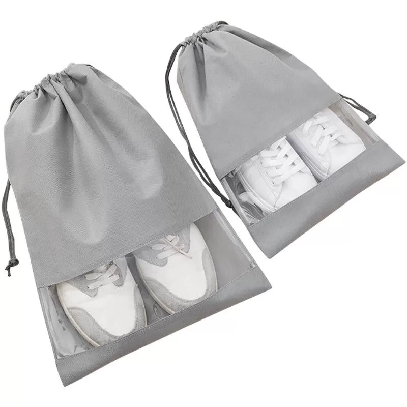 Grey Non-Woven Fabric Dustproof Drawstring Bag, Pack of 4 Travel Shoe Storage Bag, Breathable Storage Pouch With Visual Window