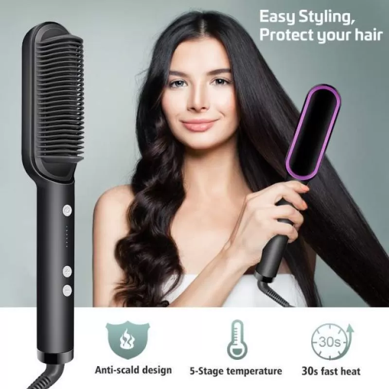 Hair Straightener Brush For Girls Anti Scald Straightening Brush 39 Second Quick Heat 5 Heat Levels Auto Shut Off (Multi-colors)