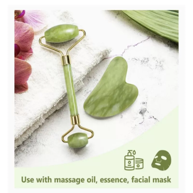 Jade roller and Gua sha stone set with box Anti aging Natural stone Jade Roller and Gua sha Stone Set with box original stone face massager