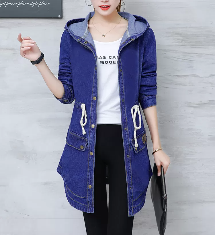New Ladies Front Button Blue Denim Hooded Coat