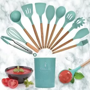 12 Pcs Silicone Cooking Utensils Kitchen Utensil Set - Heat Resistant Non-Toxic BPA Free Spatula Set with Turner Tongs,Spoon,Brush,Whisk-Wooden Handle