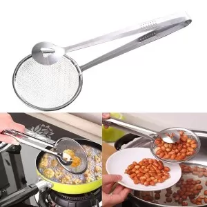 2 in 1 Frying Tong Buffet Food Serving Tong Snacks Deep Fryer Strainer Kitchen Stainless Steel Mesh Frying Food Clips Tongs Colander Oil Drainer Kitch