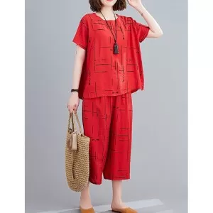 2 Pieces Red Loose Elegant Women's Summer Cotton Linen Capri Plazo Suits Short Sleeve