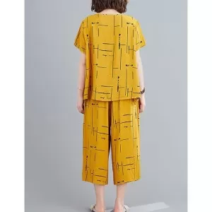 2 Pieces Yellow Loose Elegant Women's Summer Cotton Linen Capri Plazo Suits Short Sleeve