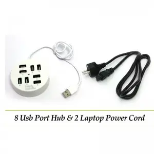 Pack of 2: 8-Port USB Hub 2.0 and 2 Laptop Power Cords