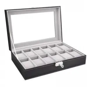 New 12 Slots Large Watch Display Case Jewelry Box Leather Glass Men Women