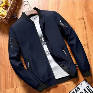 Navy Blue Baseball Jacket With Rubber Print Sleeve For Men (ABZ-051)