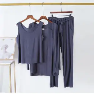 3Pcs Pajama Suit Women Modal Long-sleeved Vest For Leisure Home Wear Female Sleepwear (Navy-Blue)