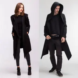 Unisex Casual Open Stitch Hooded Black Fleece Long Coat - HM