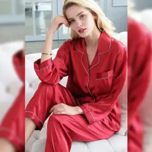 Women Pajama Sets Pure Silk Turn-Down Collar Sleepwear Lady Long Sleeve Spring Nightwear (Cherry Red)
