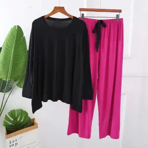 Long Sleeve & Pant Apring Soft Cotton Women Intimate Sleepwear (Black With Shocking Pink)