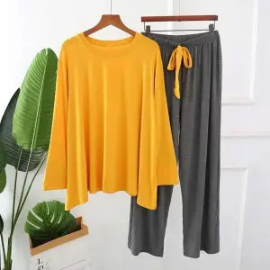 Long Sleeve & Pant Apring Soft Cotton Women Intimate Sleepwear (Yellow With Dark Grey)